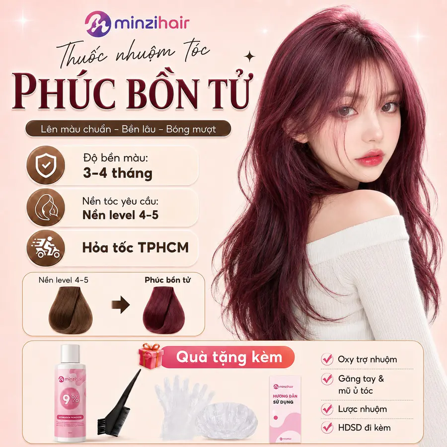 Thuốc nhuộm tóc màu phúc bồn tử – độ bền màu, nền tóc yêu cầu và quà tặng kèm