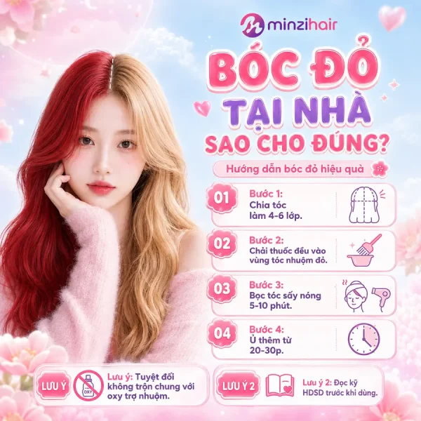 Các bước bóc đỏ tại nhà: chia tóc, chải thuốc, bọc tóc sấy nóng, ủ thêm
