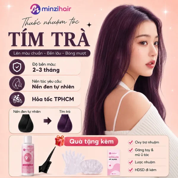 Thuốc nhuộm tóc màu tím trà – độ bền màu, nền tóc yêu cầu và quà tặng kèm