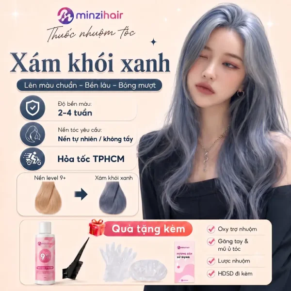 Thuốc nhuộm tóc xám khói xanh Minzihair: nền tóc tẩy và quà tặng kèm