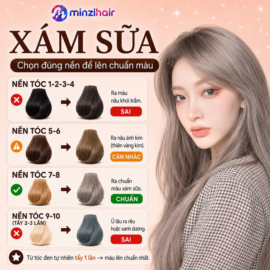 Màu xám sữa lên thế nào trên từng nền tóc, chuẩn trên nền 7–8