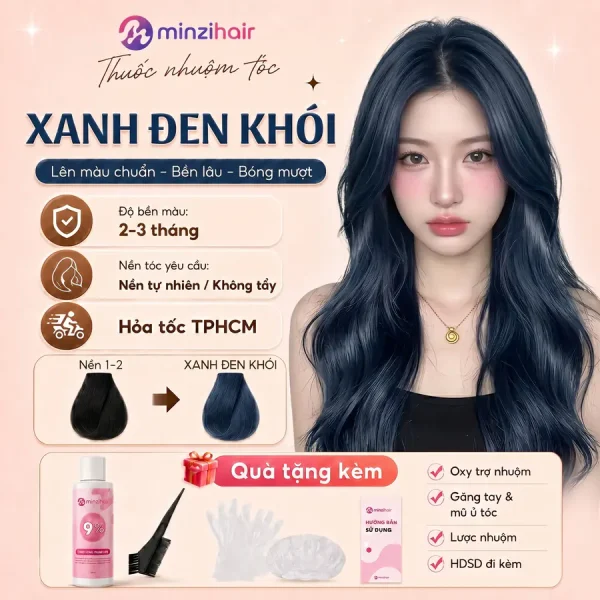 Thuốc nhuộm tóc màu xanh đen khói – độ bền màu, nền tóc yêu cầu và quà tặng kèm