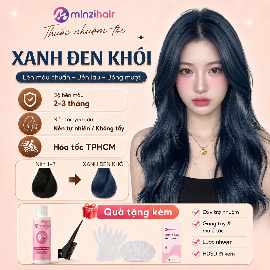 Thuốc nhuộm tóc màu xanh đen khói – độ bền màu, nền tóc yêu cầu và quà tặng kèm