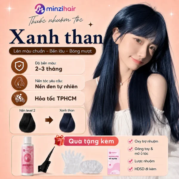 Thuốc nhuộm tóc màu xanh than – độ bền màu, nền tóc yêu cầu và quà tặng kèm