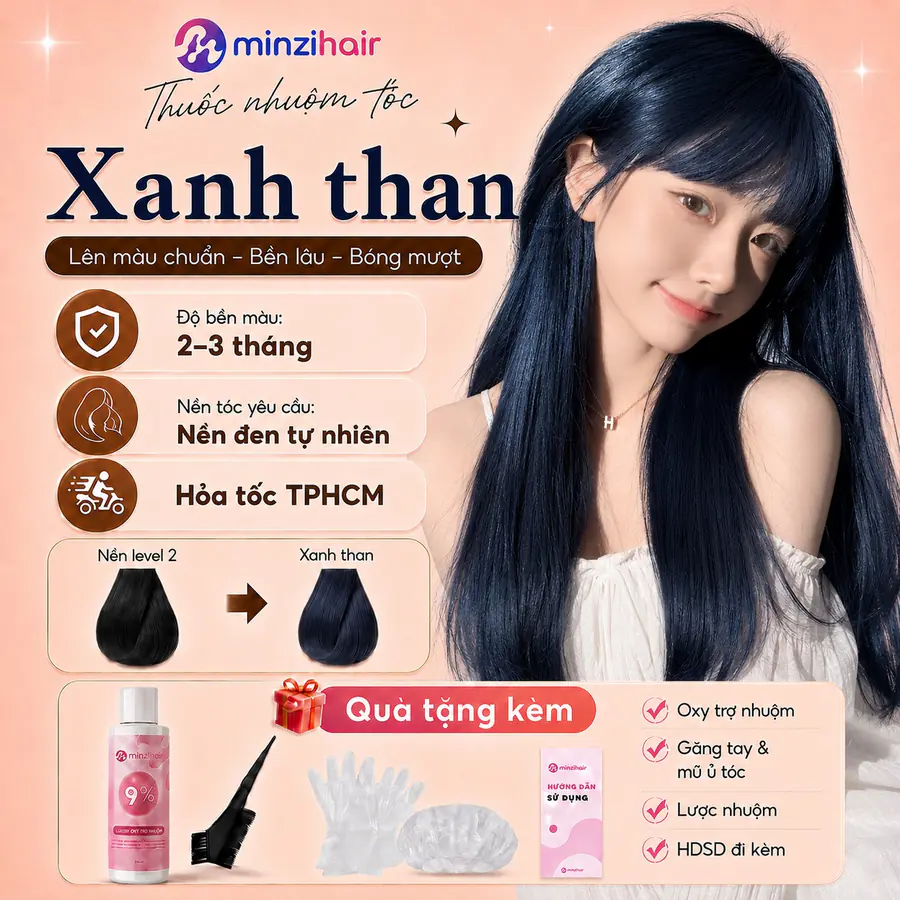 Thuốc nhuộm tóc màu xanh than – độ bền màu, nền tóc yêu cầu và quà tặng kèm