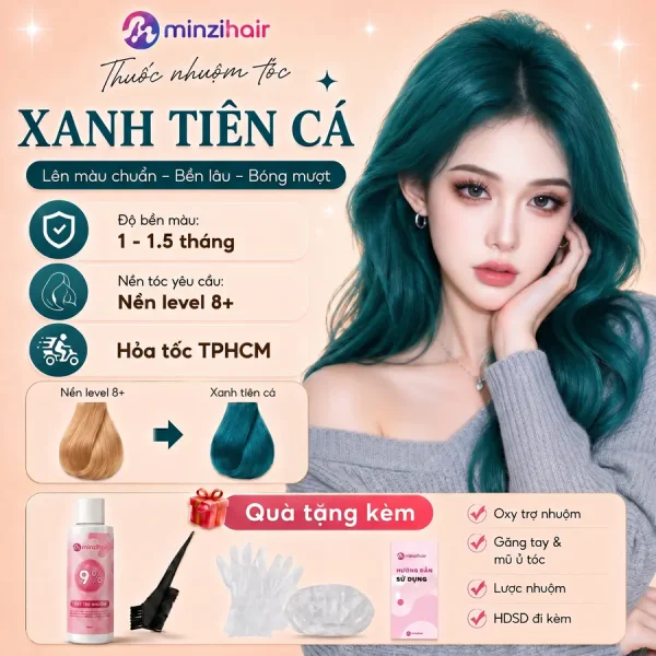 Thuốc nhuộm tóc màu xanh tiên cá – độ bền màu, nền tóc yêu cầu và quà tặng kèm